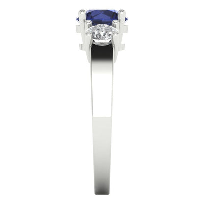 1.5 cttw Simulated Blue Sapphire Three-Stone Engagement Ring - Solid Gold (Round Cut,6.5mm)