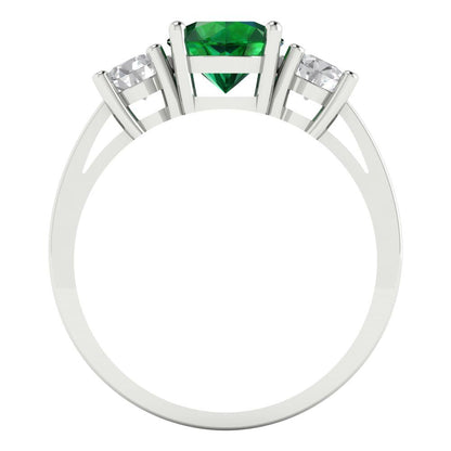 1.5 cttw Simulated Emerald Three-Stone Engagement Ring - Solid Gold (Round Cut,6.5mm)