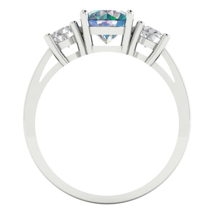 1.5 cttw Blue Moissanite Three-Stone Engagement Ring - Solid White Gold (VVS1, Round Cut,6.5mm)