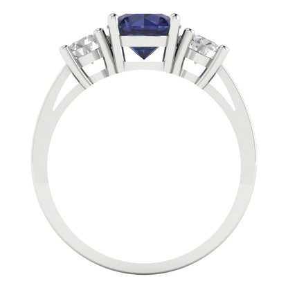 1.5 cttw Simulated Blue Sapphire Three-Stone Engagement Ring - Solid Gold (Round Cut,6.5mm)
