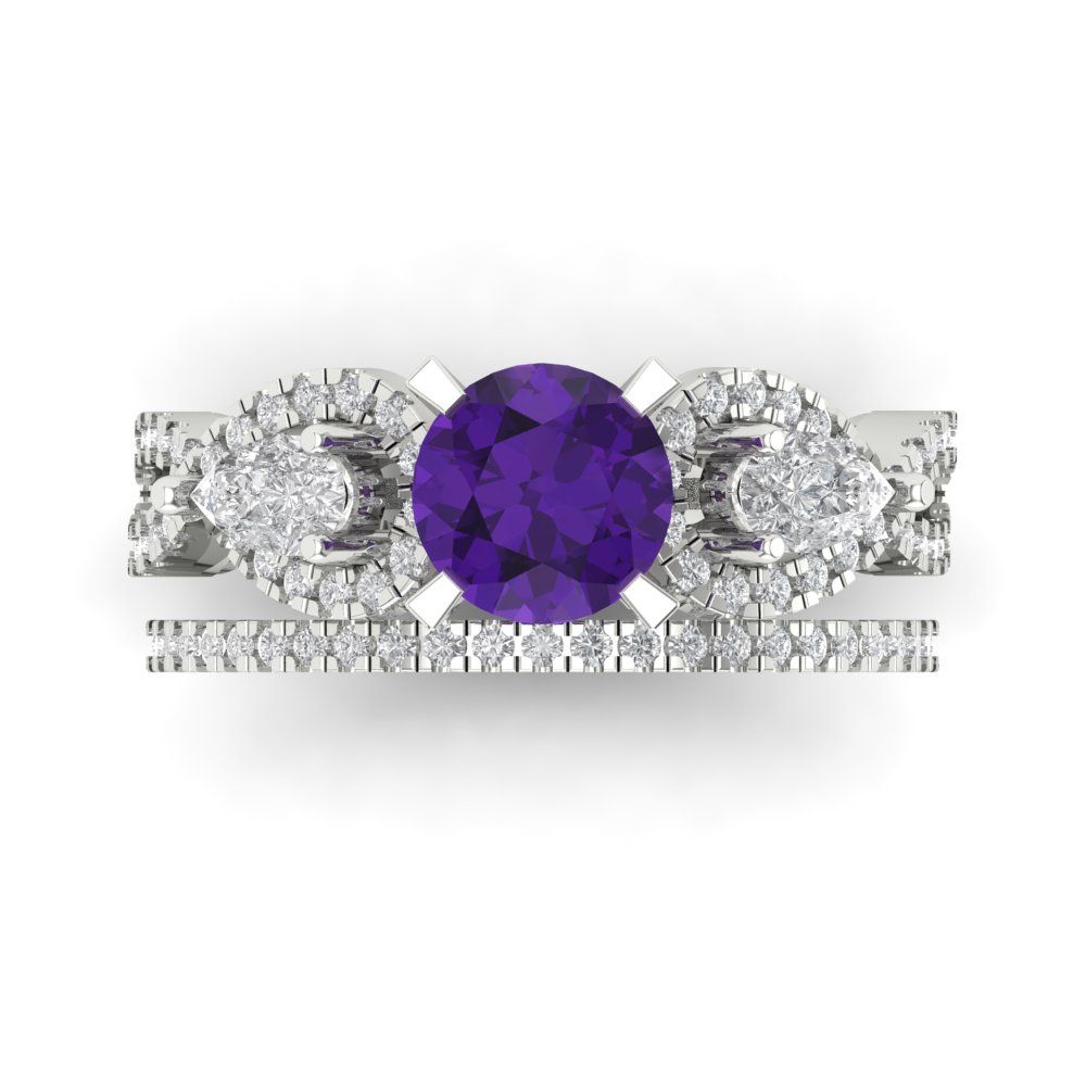 1.925 cttw Round Cut Natural Amethyst Bridal Set - Solid White Gold Engagement Ring & Wedding Band