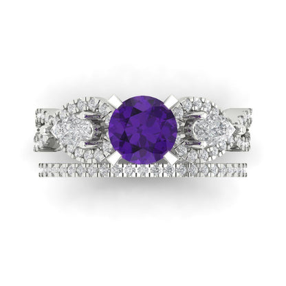 1.925 cttw Round Cut Natural Amethyst Bridal Set - Solid White Gold Engagement Ring & Wedding Band