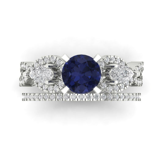 1.925 cttw Round Cut Simulated Blue Sapphire Bridal Set - Solid White Gold Engagement Ring & Wedding Band