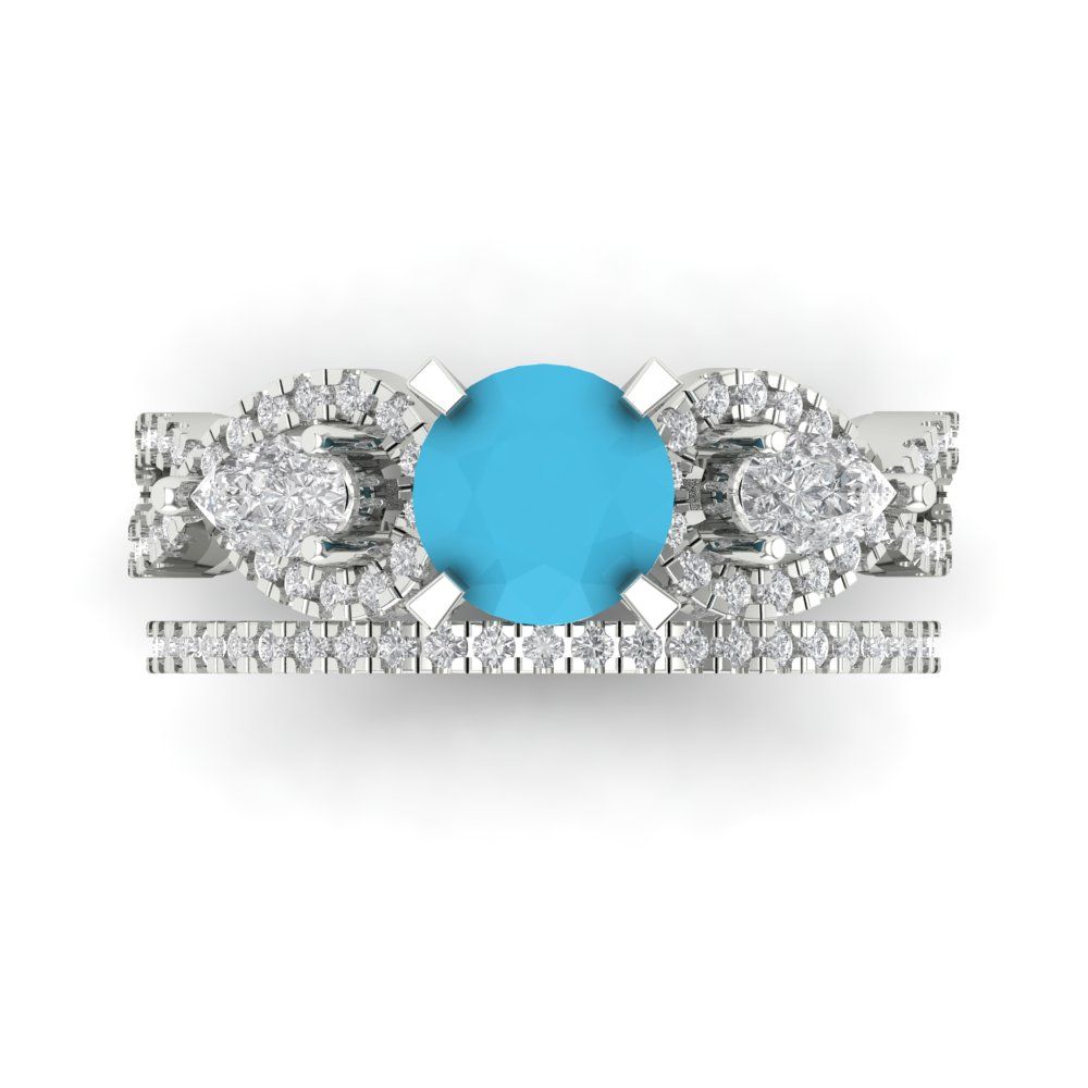 1.925 cttw Round Cut Simulated Turquoise Bridal Set - Solid White Gold Engagement Ring & Wedding Band
