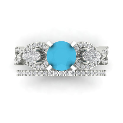 1.925 cttw Round Cut Simulated Turquoise Bridal Set - Solid White Gold Engagement Ring & Wedding Band