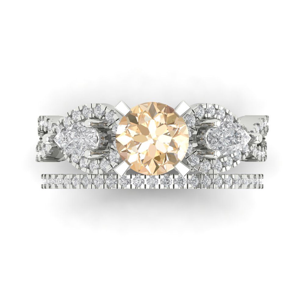 1.925 cttw Round Cut Natural Morganite Bridal Set - Solid White Gold Engagement Ring & Wedding Band