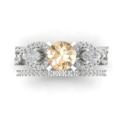 1.925 cttw Round Cut Natural Morganite Bridal Set - Solid White Gold Engagement Ring & Wedding Band