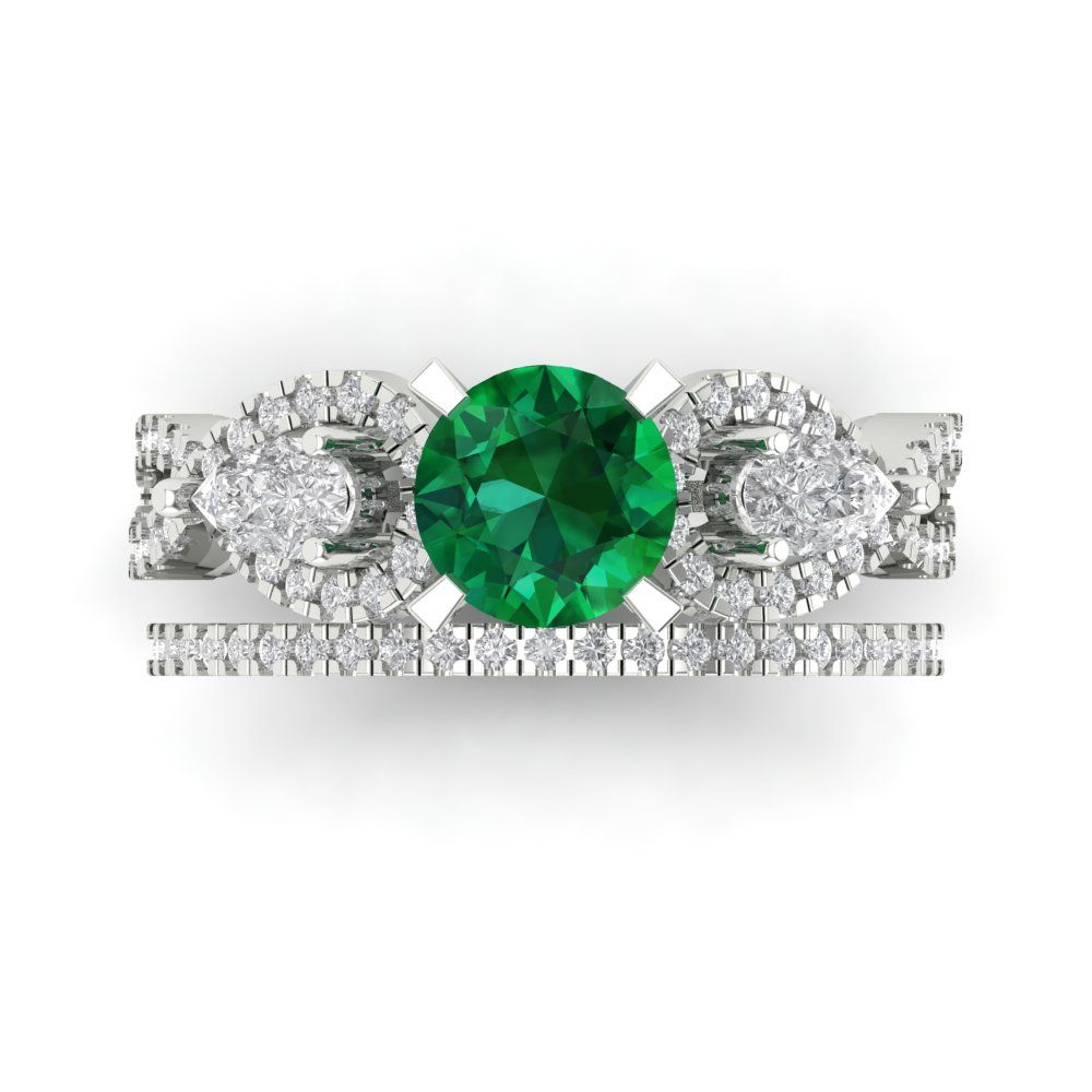 1.925 cttw Round Cut Simulated Emerald Bridal Set - Solid White Gold Engagement Ring & Wedding Band