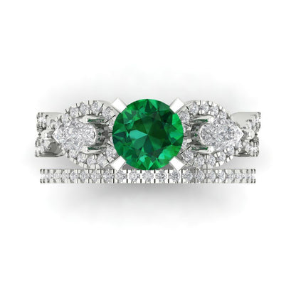 1.925 cttw Round Cut Simulated Emerald Bridal Set - Solid White Gold Engagement Ring & Wedding Band