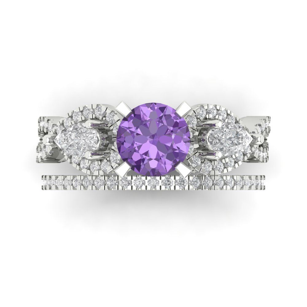 1.925 cttw Round Cut Simulated Alexandrite Bridal Set - Solid White Gold Engagement Ring & Wedding Band