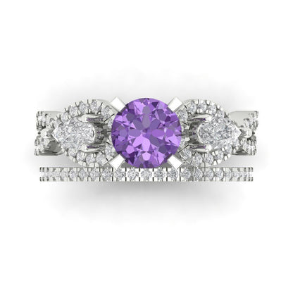 1.925 cttw Round Cut Simulated Alexandrite Bridal Set - Solid White Gold Engagement Ring & Wedding Band