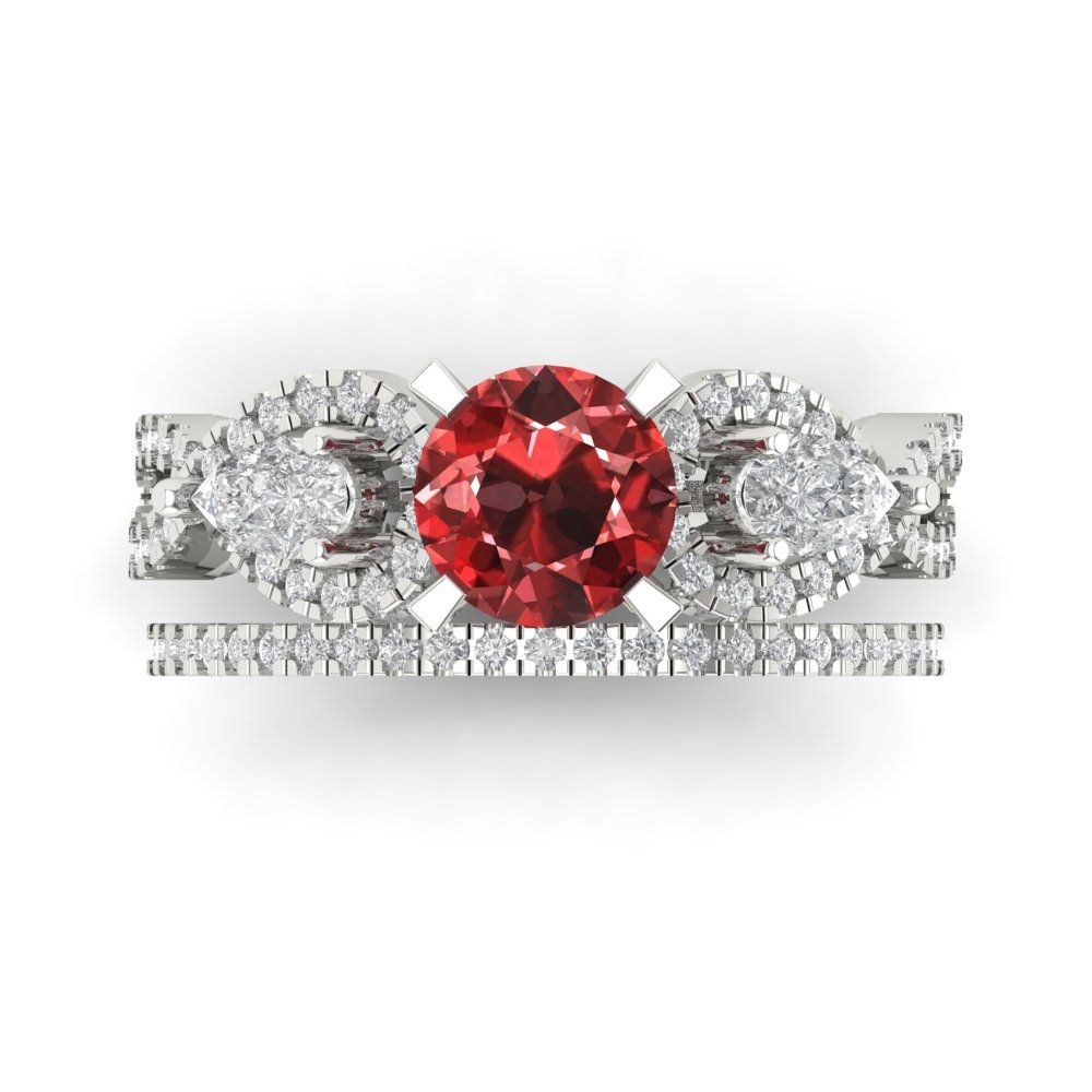 1.925 cttw Round Cut Natural Garnet Bridal Set - Solid White Gold Engagement Ring & Wedding Band