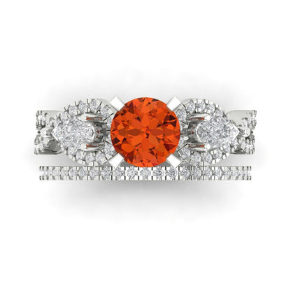 1.925 cttw Round Cut Simulated Red Diamond Bridal Set - Solid White Gold Engagement Ring & Wedding Band