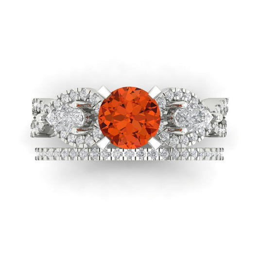 1.925 cttw Round Cut Simulated Red Diamond Bridal Set - Solid White Gold Engagement Ring & Wedding Band