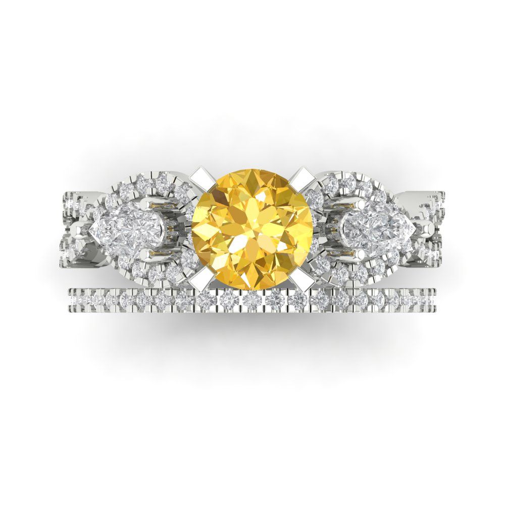 1.925 cttw Round Cut Natural Citrine Bridal Set - Solid White Gold Engagement Ring & Wedding Band