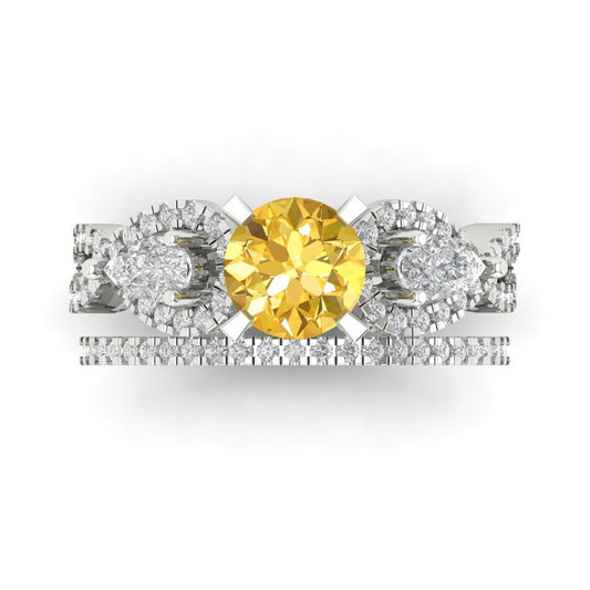 1.925 cttw Round Cut Natural Citrine Bridal Set - Solid White Gold Engagement Ring & Wedding Band