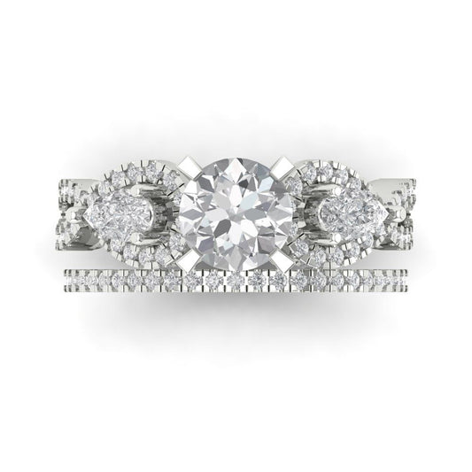 1.925 cttw Round Cut White Sapphire Bridal Set - Solid White Gold Engagement Ring & Wedding Band