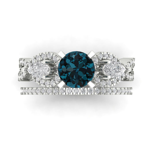 1.925 cttw Round Cut Natural London Blue Topaz Bridal Set - Solid White Gold Engagement Ring & Wedding Band