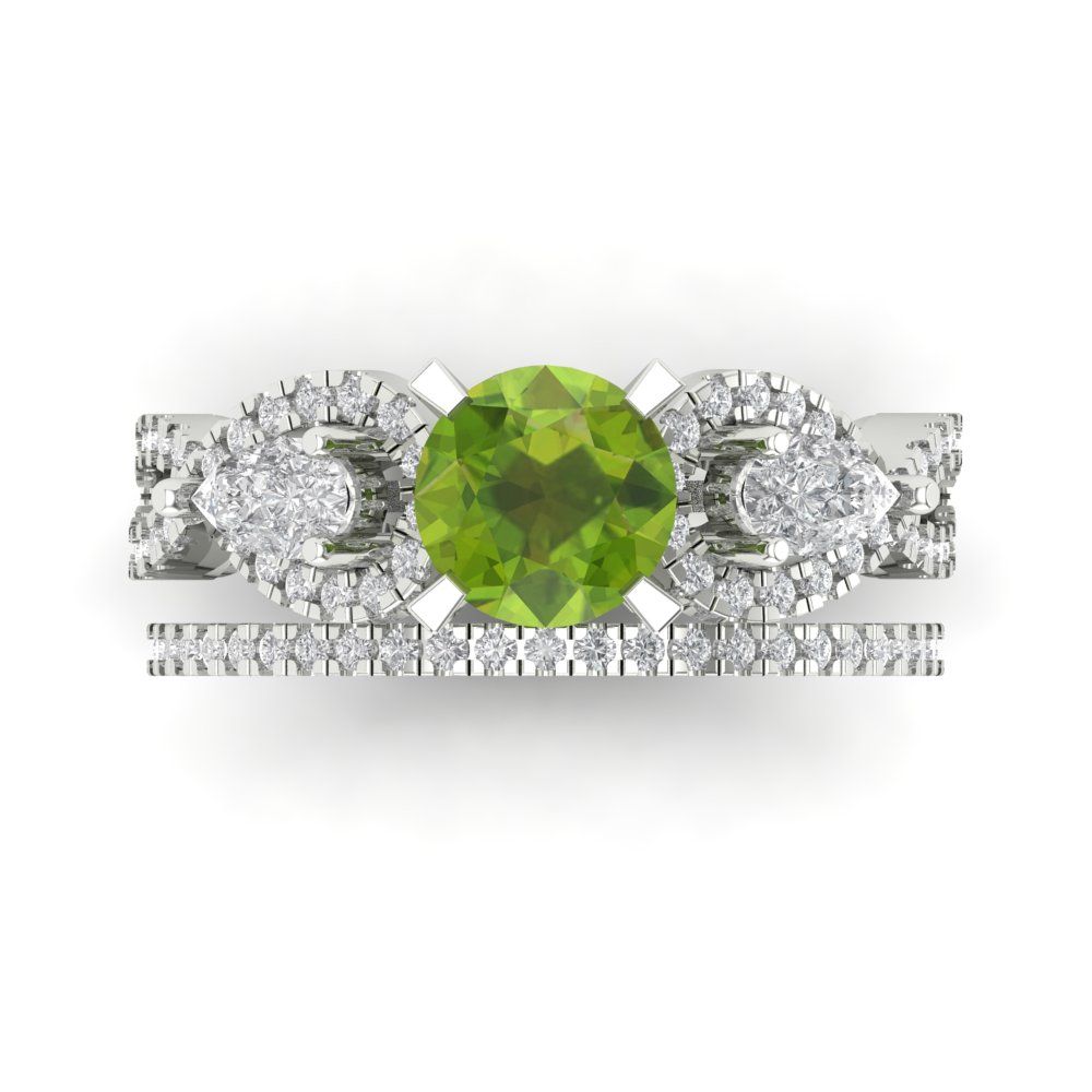 1.925 cttw Round Cut Natural Peridot Bridal Set - Solid White Gold Engagement Ring & Wedding Band