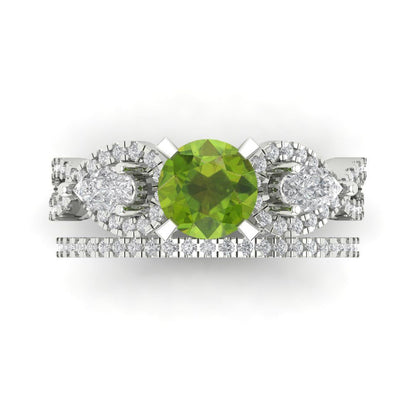 1.925 cttw Round Cut Natural Peridot Bridal Set - Solid White Gold Engagement Ring & Wedding Band