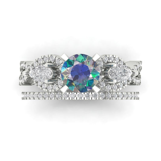 1.925 cttw Round Cut Blue Moissanite Bridal Set - Solid White Gold Engagement Ring & Wedding Band