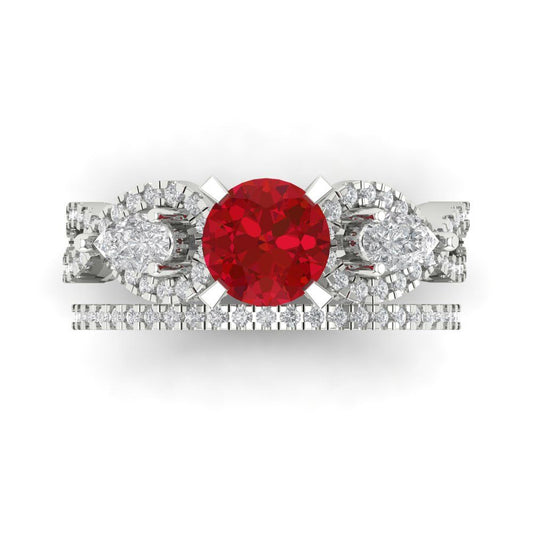 1.925 cttw Round Cut Simulated Ruby Bridal Set - Solid White Gold Engagement Ring & Wedding Band