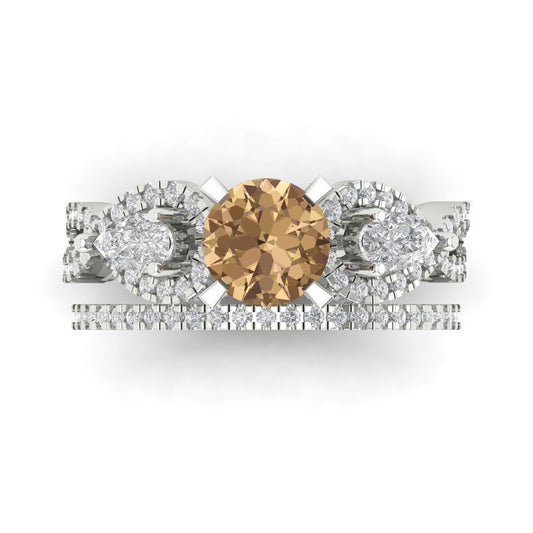 1.925 cttw Round Cut Simulated Champagne Diamond Bridal Set - Solid White Gold Engagement Ring & Wedding Band