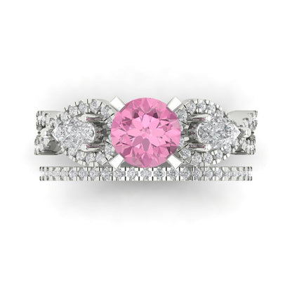 1.925 cttw Round Cut Simulated Pink Diamond Bridal Set - Solid White Gold Engagement Ring & Wedding Band