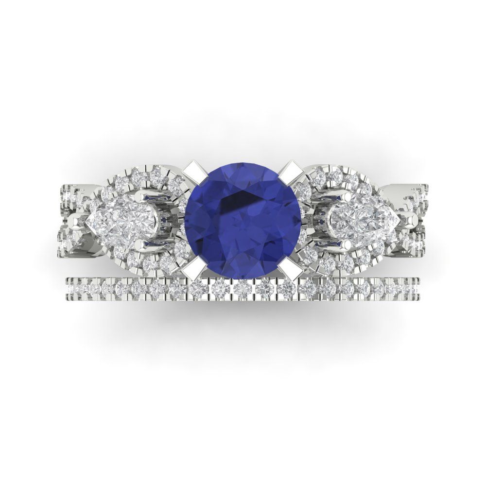 1.925 cttw Round Cut Simulated Tanzanite Bridal Set - Solid White Gold Engagement Ring & Wedding Band