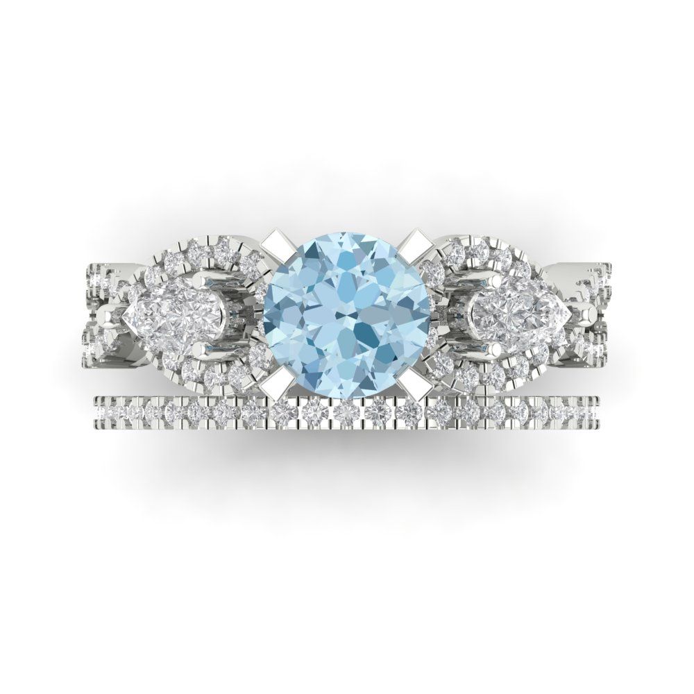 1.925 cttw Round Cut Natural Aquamarine Bridal Set - Solid White Gold Engagement Ring & Wedding Band