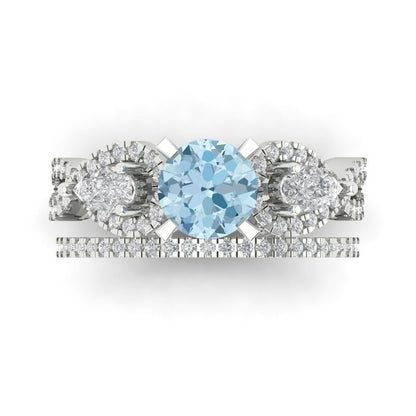 1.925 cttw Round Cut Natural Aquamarine Bridal Set - Solid White Gold Engagement Ring & Wedding Band