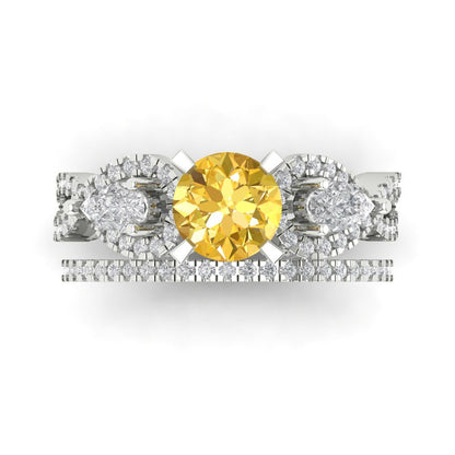 1.925 cttw Round Cut Simulated Yellow Diamond Bridal Set - Solid White Gold Engagement Ring & Wedding Band