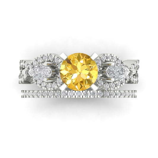 1.925 cttw Round Cut Simulated Yellow Diamond Bridal Set - Solid White Gold Engagement Ring & Wedding Band