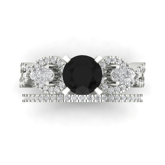 1.925 cttw Round Cut Natural Onyx Bridal Set - Solid White Gold Engagement Ring & Wedding Band