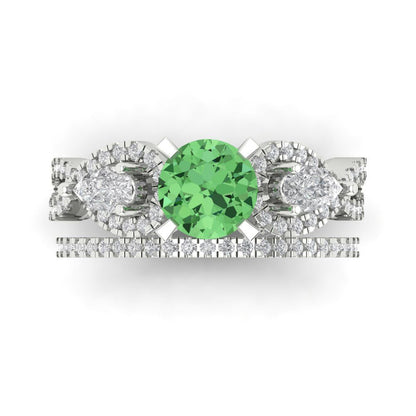 1.925 cttw Round Cut Simulated Green Diamond Bridal Set - Solid White Gold Engagement Ring & Wedding Band