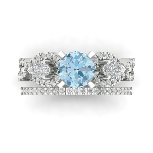 1.925 cttw Round Cut Natural Swiss Blue Topaz Bridal Set - Solid White Gold Engagement Ring & Wedding Band