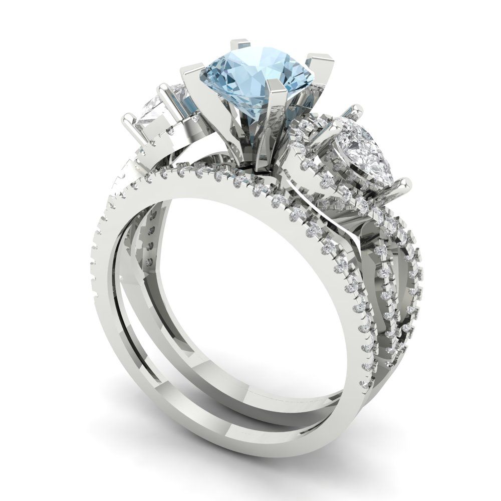 1.925 cttw Round Cut Natural Aquamarine Bridal Set - Solid White Gold Engagement Ring & Wedding Band