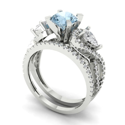 1.925 cttw Round Cut Natural Aquamarine Bridal Set - Solid White Gold Engagement Ring & Wedding Band