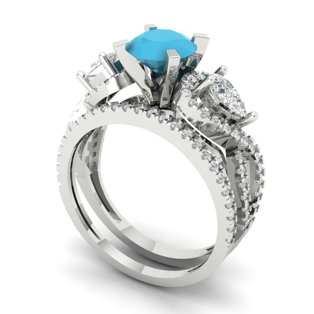 1.925 cttw Round Cut Simulated Turquoise Bridal Set - Solid White Gold Engagement Ring & Wedding Band