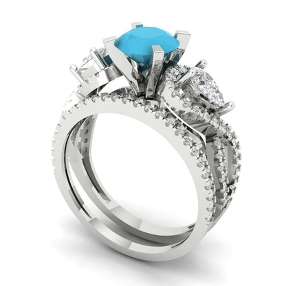 1.925 cttw Round Cut Simulated Turquoise Bridal Set - Solid White Gold Engagement Ring & Wedding Band