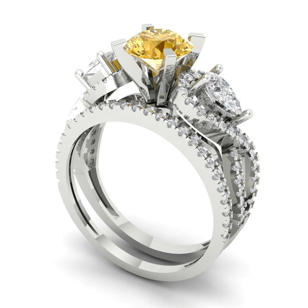 1.925 cttw Round Cut Yellow Moissanite Bridal Set - Solid White Gold Engagement Ring & Wedding Band