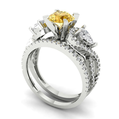 1.925 cttw Round Cut Yellow Moissanite Bridal Set - Solid White Gold Engagement Ring & Wedding Band