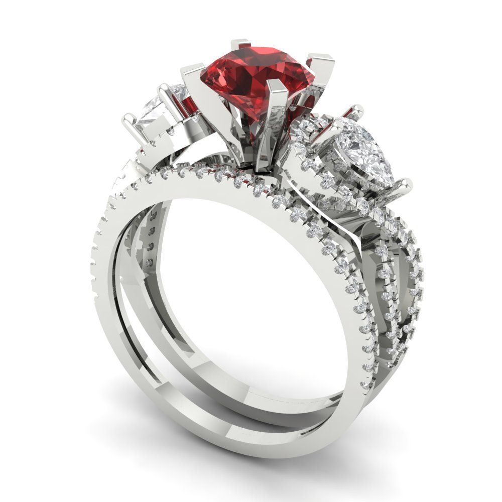 1.925 cttw Round Cut Natural Garnet Bridal Set - Solid White Gold Engagement Ring & Wedding Band