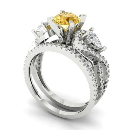 1.925 cttw Round Cut Natural Citrine Bridal Set - Solid White Gold Engagement Ring & Wedding Band