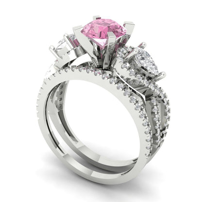 1.925 cttw Round Cut Simulated Pink Diamond Bridal Set - Solid White Gold Engagement Ring & Wedding Band