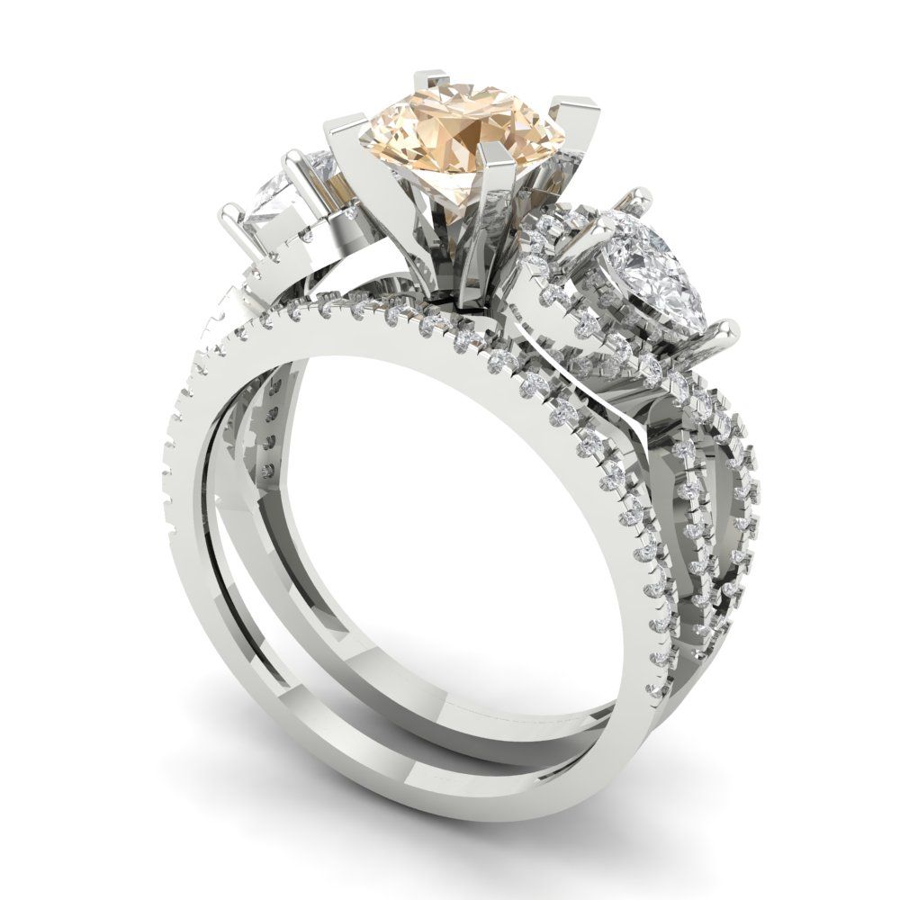 1.925 cttw Round Cut Natural Morganite Bridal Set - Solid White Gold Engagement Ring & Wedding Band