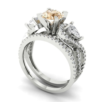 1.925 cttw Round Cut Natural Morganite Bridal Set - Solid White Gold Engagement Ring & Wedding Band