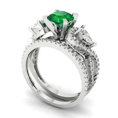 1.925 cttw Round Cut Simulated Emerald Bridal Set - Solid White Gold Engagement Ring & Wedding Band