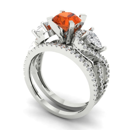 1.925 cttw Round Cut Simulated Red Diamond Bridal Set - Solid White Gold Engagement Ring & Wedding Band