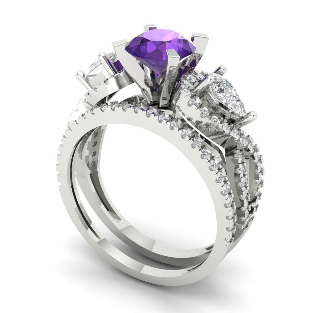 1.925 cttw Round Cut Natural Amethyst Bridal Set - Solid White Gold Engagement Ring & Wedding Band
